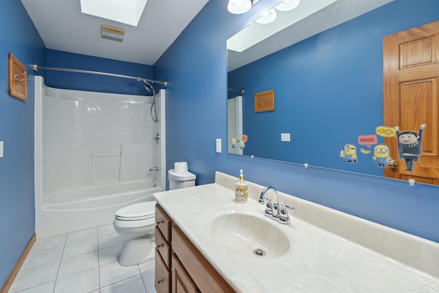 full bathroom with tile patterned flooring, toilet, a skylight, vanity, and shower / bathing tub combination