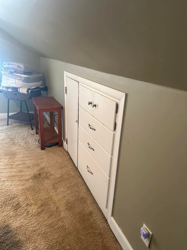 bonus room with vaulted ceiling and light colored carpet