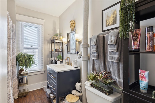 bathroom with toilet, vanity, and hardwood / wood-style floors