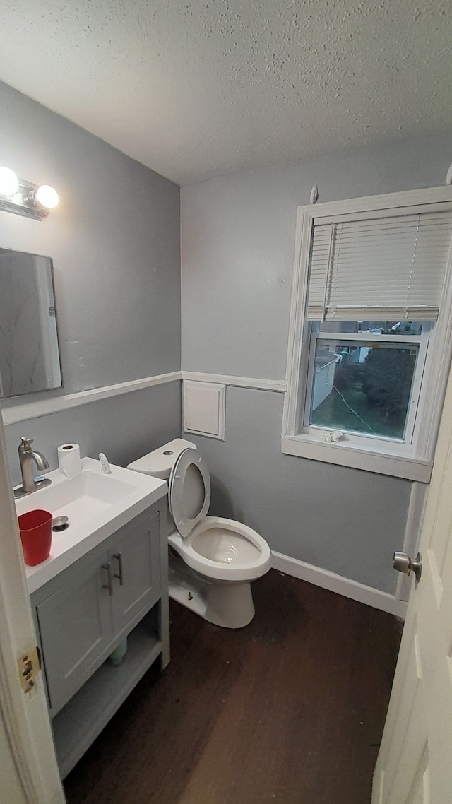 bathroom featuring vanity, toilet, a textured ceiling, and wood-type flooring