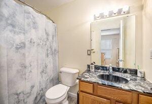 bathroom featuring vanity, toilet, and a shower with shower curtain