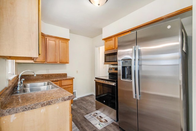 kitchen with sink, stainless steel appliances, and dark hardwood / wood-style floors