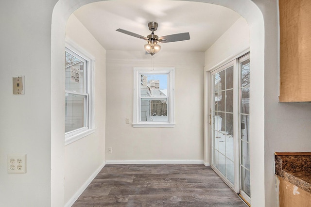 interior space with ceiling fan, a healthy amount of sunlight, and dark hardwood / wood-style floors