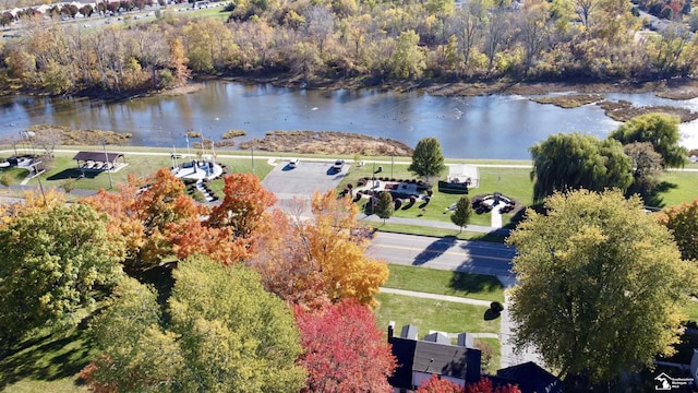 drone / aerial view with a water view