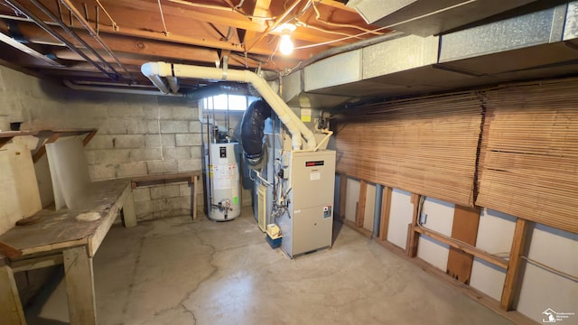 basement featuring heating unit and gas water heater