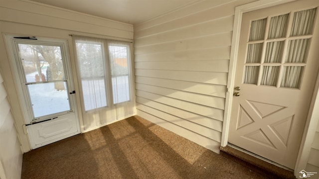 doorway featuring a wealth of natural light and dark carpet