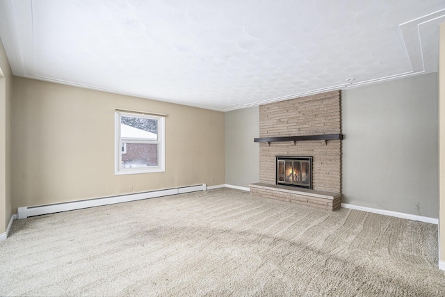 unfurnished living room featuring a large fireplace, carpet floors, and a baseboard radiator