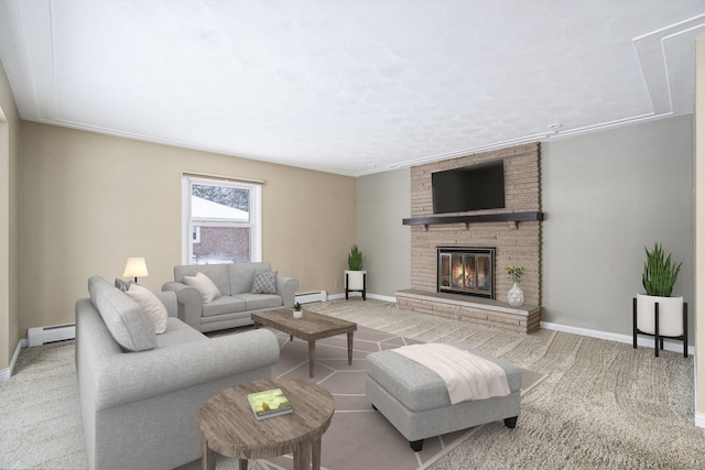 carpeted living room featuring a baseboard radiator and a stone fireplace