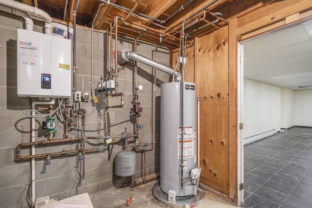 utility room with tankless water heater, baseboard heating, and gas water heater