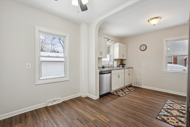 kitchen featuring sink, dark wood-type flooring, dishwasher, and white cabinetry