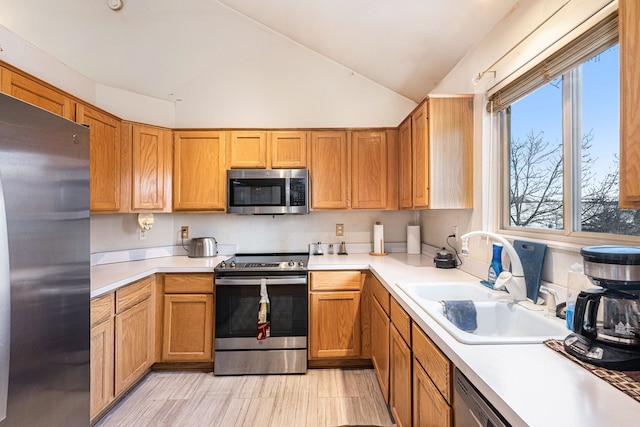 kitchen with sink, stainless steel appliances, and lofted ceiling