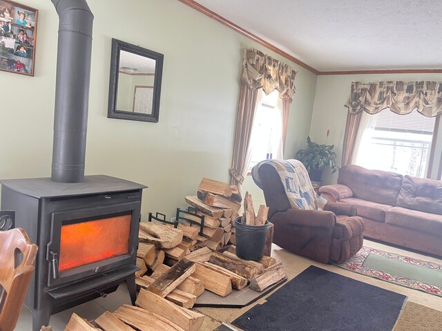 living room with carpet, ornamental molding, and a wood stove