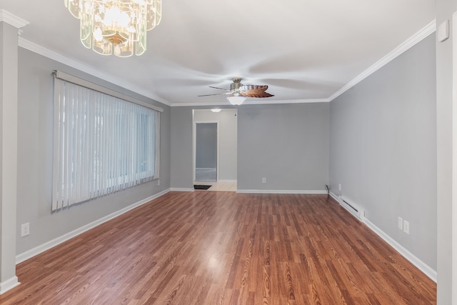 unfurnished room featuring ornamental molding, hardwood / wood-style floors, ceiling fan with notable chandelier, and a baseboard heating unit