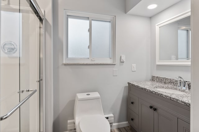 bathroom with toilet, walk in shower, and vanity