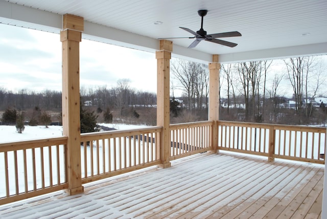 snow covered deck with ceiling fan