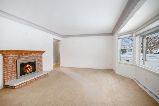 unfurnished living room featuring a fireplace, a baseboard radiator, and light carpet