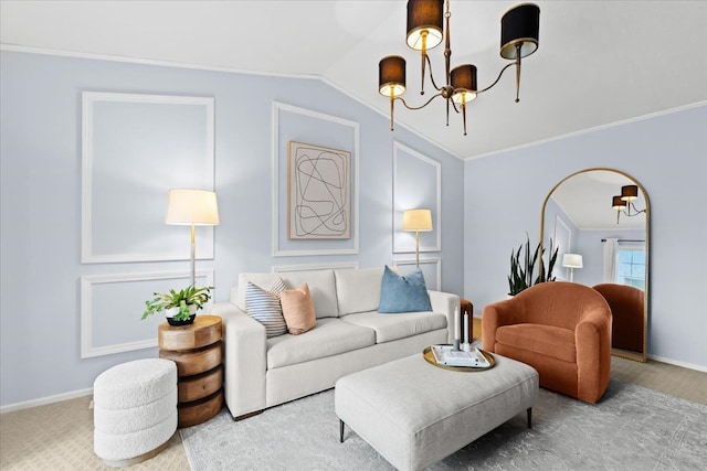 carpeted living room featuring a notable chandelier, ornamental molding, and lofted ceiling