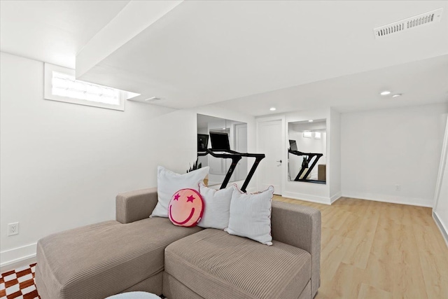 exercise room featuring light hardwood / wood-style flooring