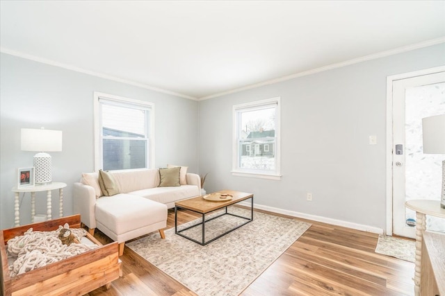 living room with crown molding, a healthy amount of sunlight, and hardwood / wood-style floors