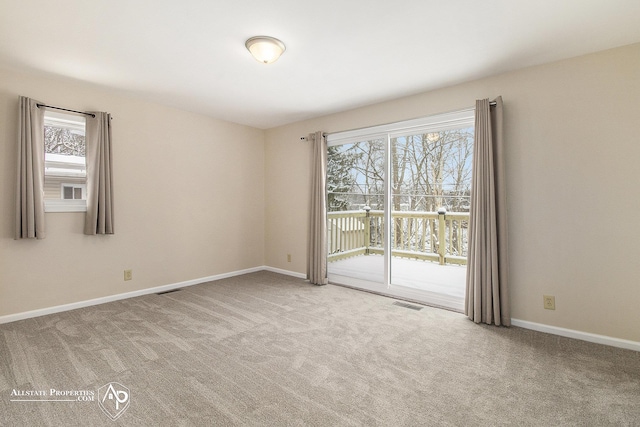 carpeted spare room featuring healthy amount of natural light and baseboards