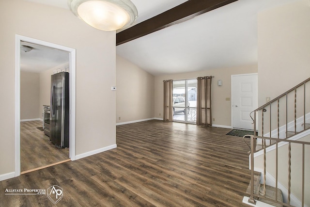 unfurnished living room featuring dark hardwood / wood-style flooring, high vaulted ceiling, and beamed ceiling