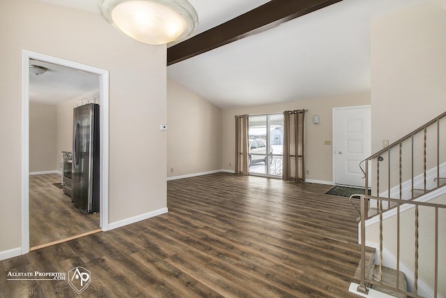 unfurnished living room featuring dark wood-type flooring, baseboards, and stairway
