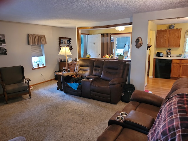 carpeted living room featuring a textured ceiling