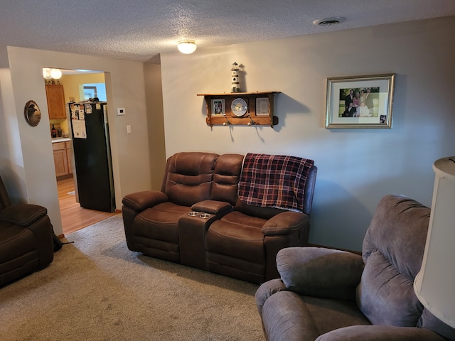 carpeted living room with a textured ceiling