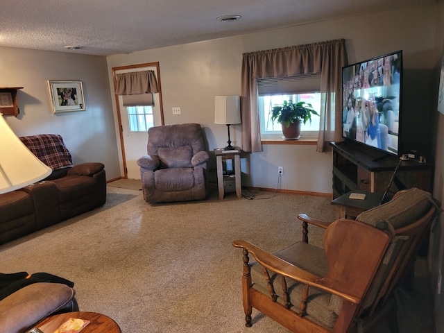 living room featuring a textured ceiling and carpet flooring