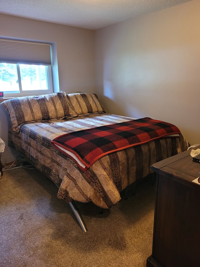 carpeted bedroom with a textured ceiling