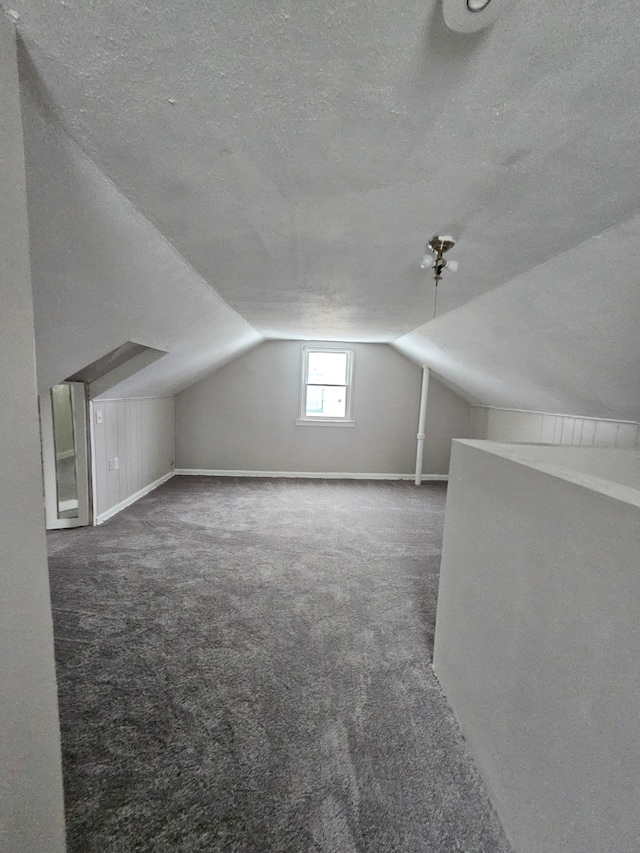 additional living space featuring a textured ceiling, lofted ceiling, and dark colored carpet