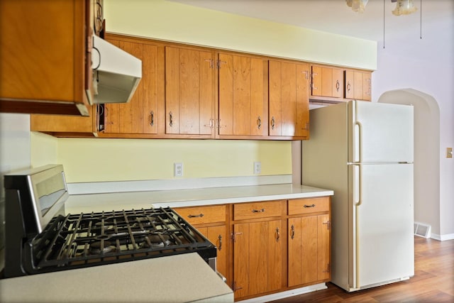 9800 Gera Rd, Birch Run, MI 48415 - kitchen with freestanding refrigerator, under cabinet range hood, light countertops, and dark wood finished floors