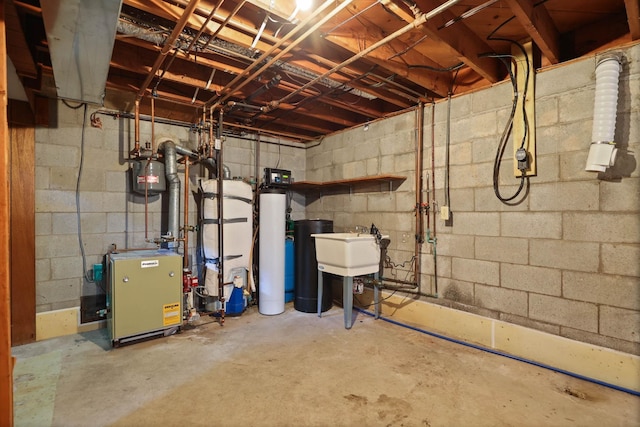 9800 Gera Rd, Birch Run, MI 48415 - unfinished basement featuring a heating unit, a sink, and a water softener system