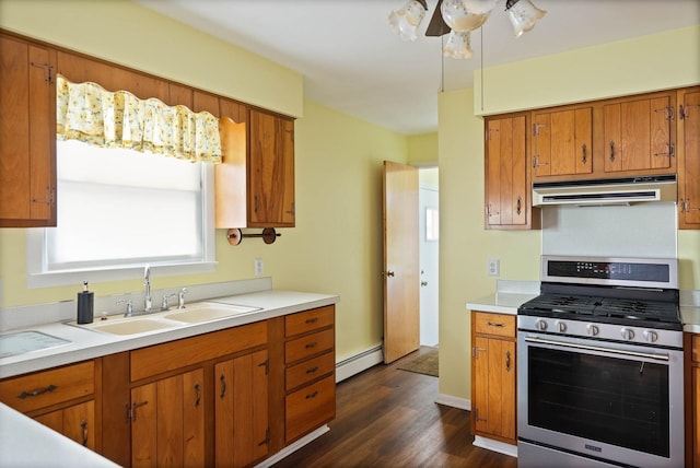 9800 Gera Rd, Birch Run, MI 48415 - kitchen featuring stainless steel range with gas cooktop, range hood, a sink, baseboard heating, and brown cabinets