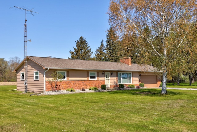 9800 Gera Rd, Birch Run, MI 48415 - single story home featuring brick siding, an attached garage, a chimney, and a front yard