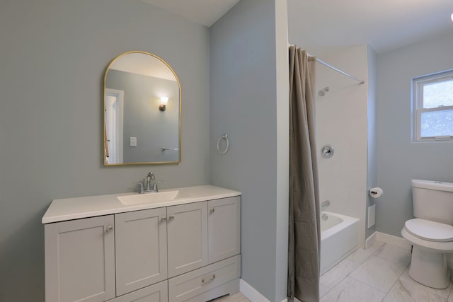 full bathroom featuring vanity, shower / bathtub combination with curtain, and toilet