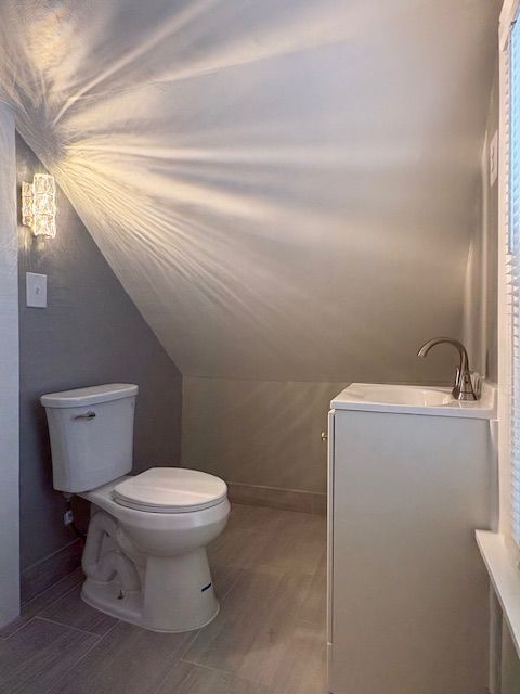 bathroom with sink, lofted ceiling, and toilet