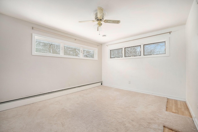 unfurnished room with ceiling fan and a baseboard radiator