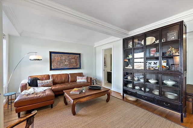 living room with hardwood / wood-style flooring and ornamental molding