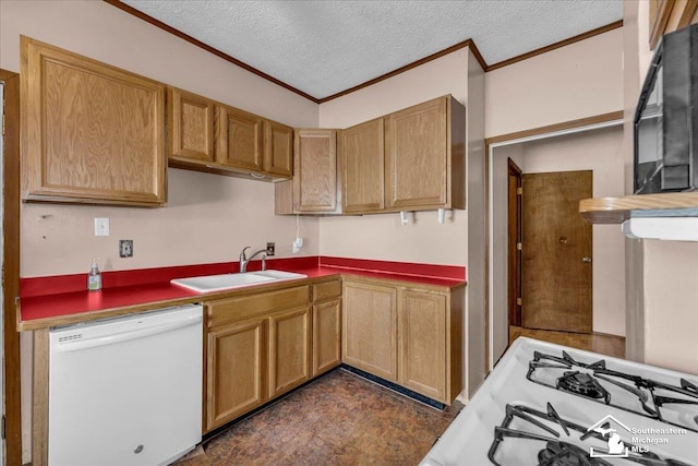 kitchen featuring white appliances, a textured ceiling, and sink