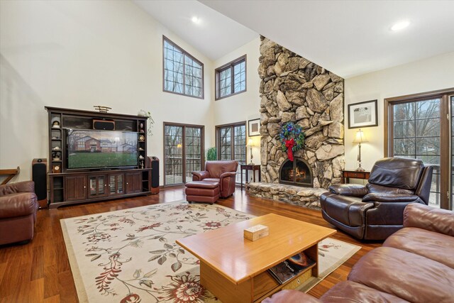 living room featuring a fireplace and hardwood / wood-style flooring