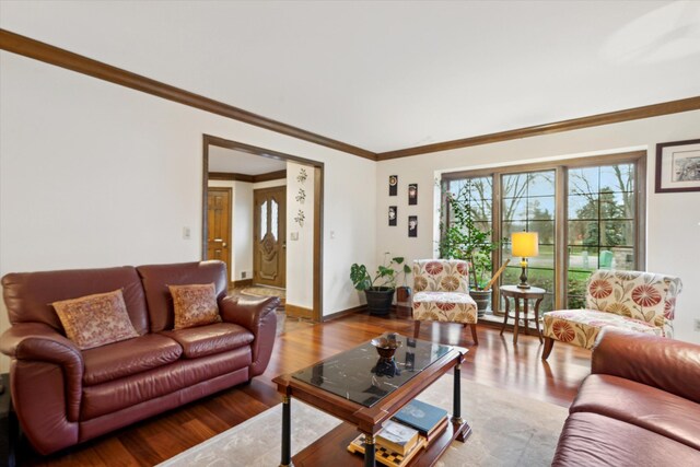 living room featuring hardwood / wood-style floors and crown molding