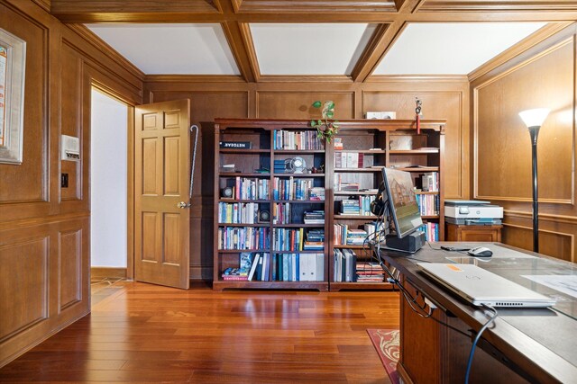 office with beamed ceiling, dark wood-type flooring, and coffered ceiling