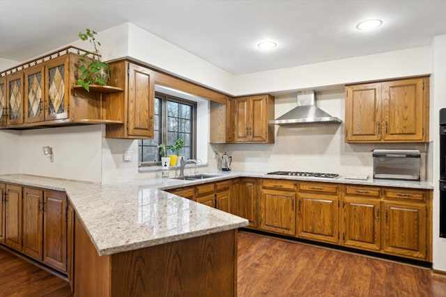 kitchen with sink, dark hardwood / wood-style flooring, light stone countertops, and wall chimney exhaust hood