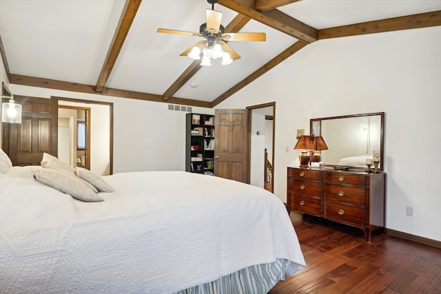 bedroom featuring ceiling fan, dark hardwood / wood-style flooring, and vaulted ceiling with beams