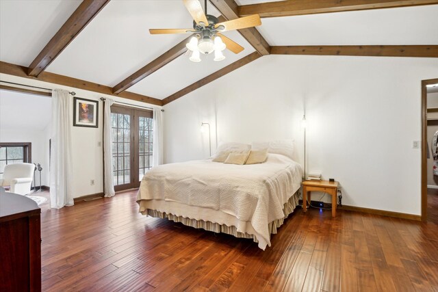 bedroom with ceiling fan, dark hardwood / wood-style flooring, and vaulted ceiling with beams