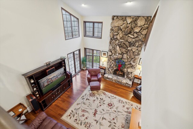 living room featuring a fireplace, a wealth of natural light, and wood-type flooring