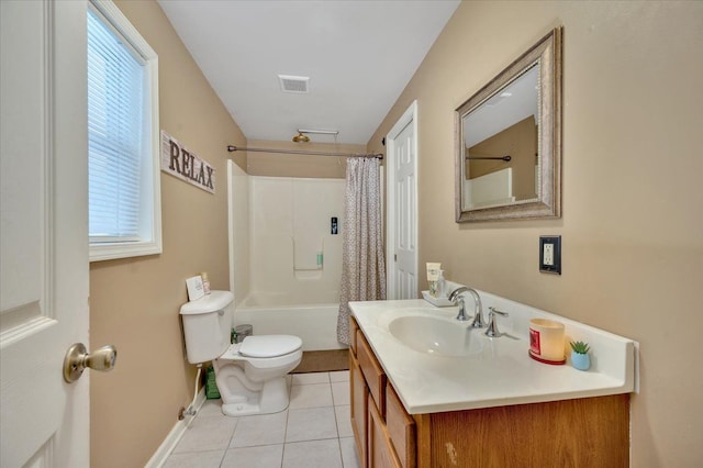 full bathroom with shower / bathtub combination with curtain, tile patterned floors, a healthy amount of sunlight, and vanity