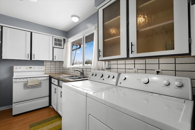 laundry area with sink, washer and clothes dryer, and dark hardwood / wood-style flooring