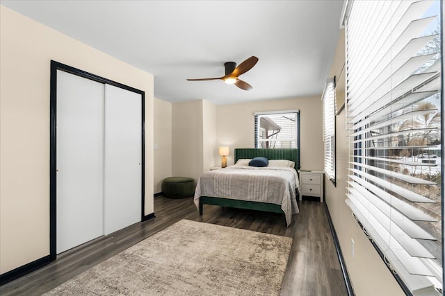 bedroom featuring ceiling fan, a closet, and dark wood-type flooring